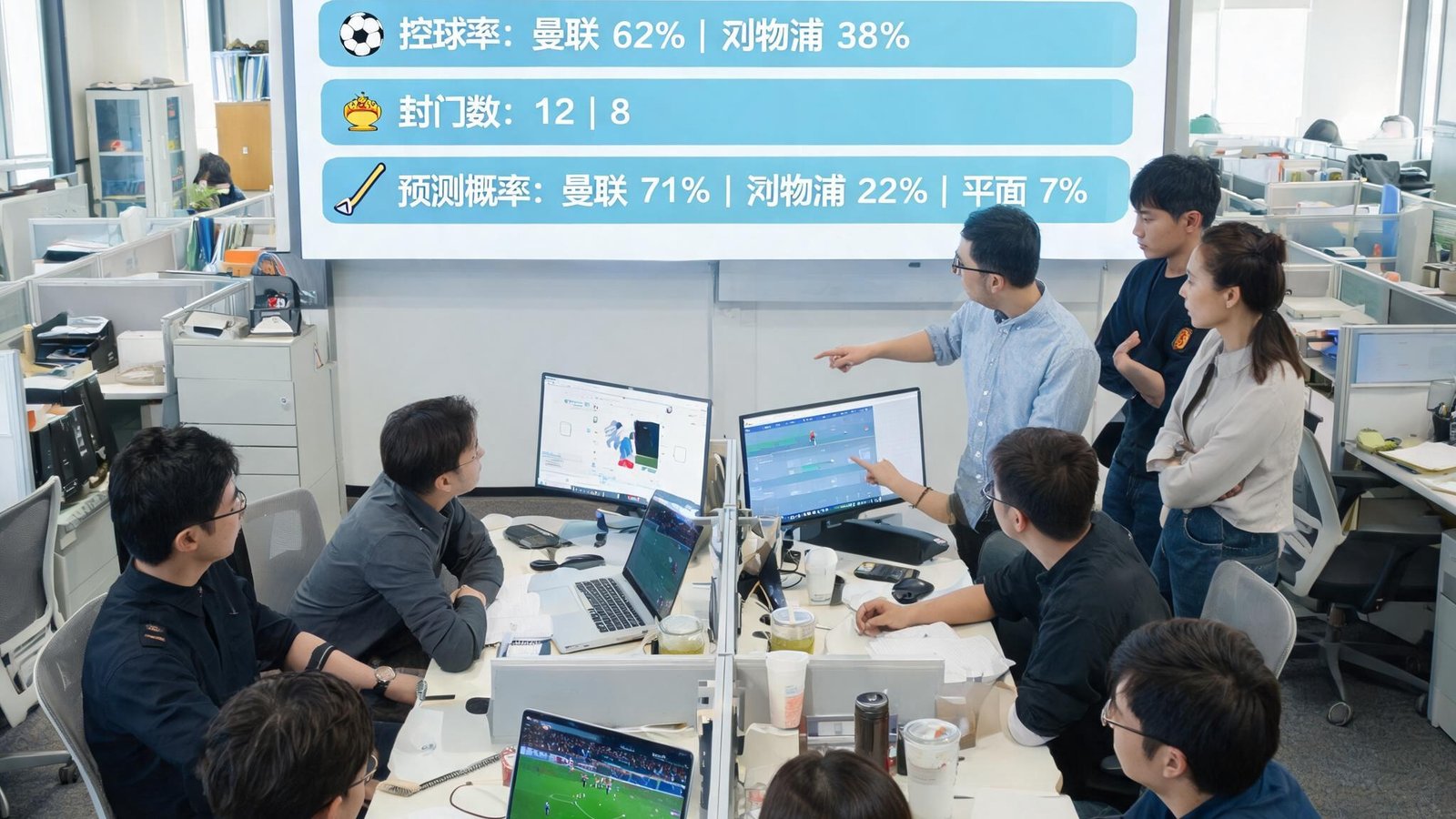 竞猜足彩团队在开放式办公室工作，背景大屏显示实时足球数据与预测模型