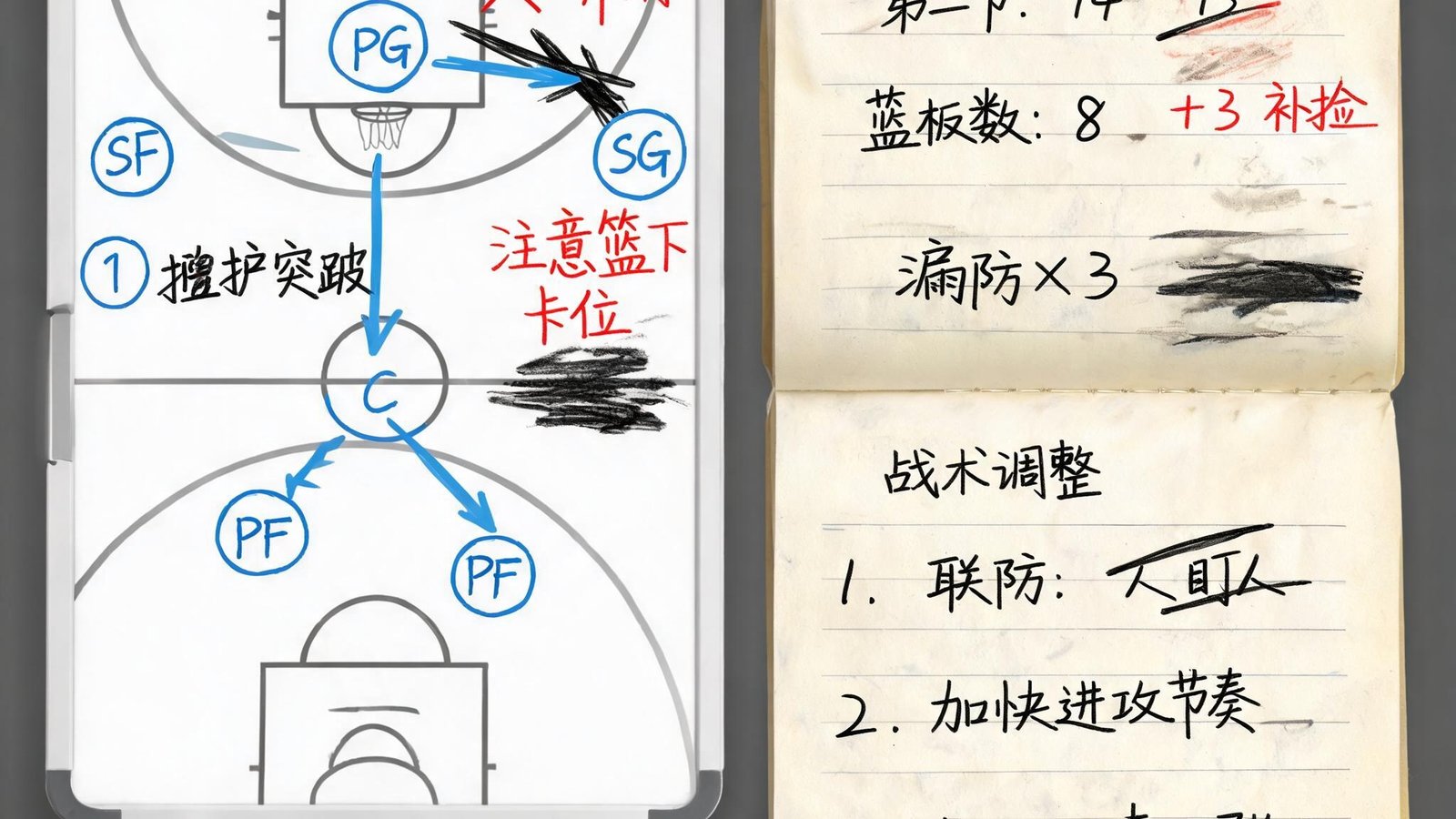 团队早期手写的战术板与数据分析笔记本，充满涂改与注释