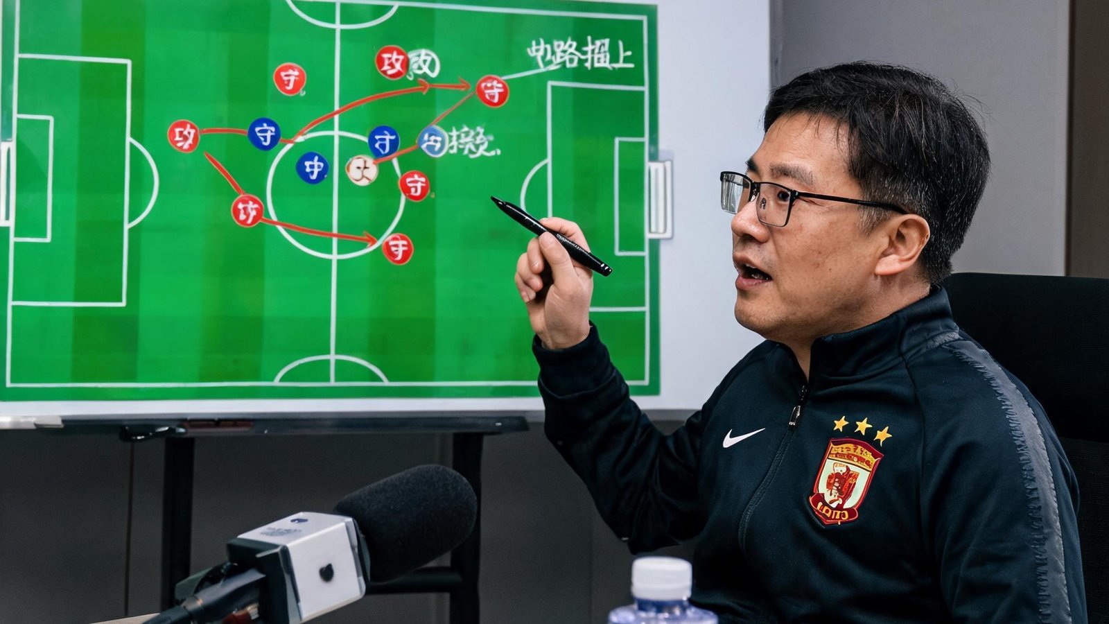 足球专家在战术板前进行赛后复盘分析
