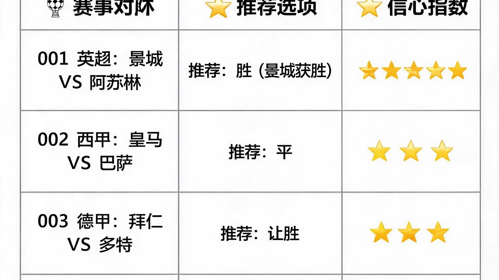 每日竞彩推荐清单，包含赛事、推荐选项与信心指数